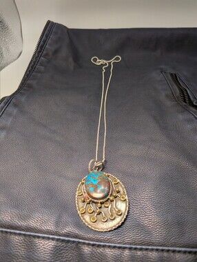 Vintage 925 Sterling Silver Mixed Metal Azurite Chrysocolla Pendant Necklace 20g